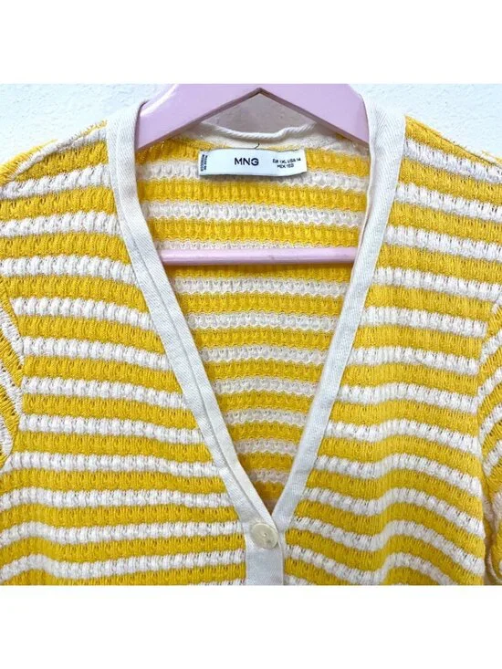 MNG Yellow Stripe Knit Button Front Midi Dress Size 14 - Picture 4 of 8